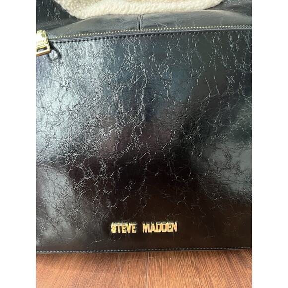 STEVE MADDEN Black Vegan Leather Shearling Extra Large Hobo Purse Bag Tote - Picture 3 of 13